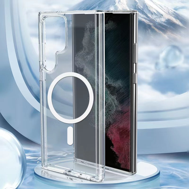 Galaxy S22 Ultra Kılıf Zore M-safe Şarj Özellikli Şeffaf Sert PC Zore Embos Kapak Renksiz
