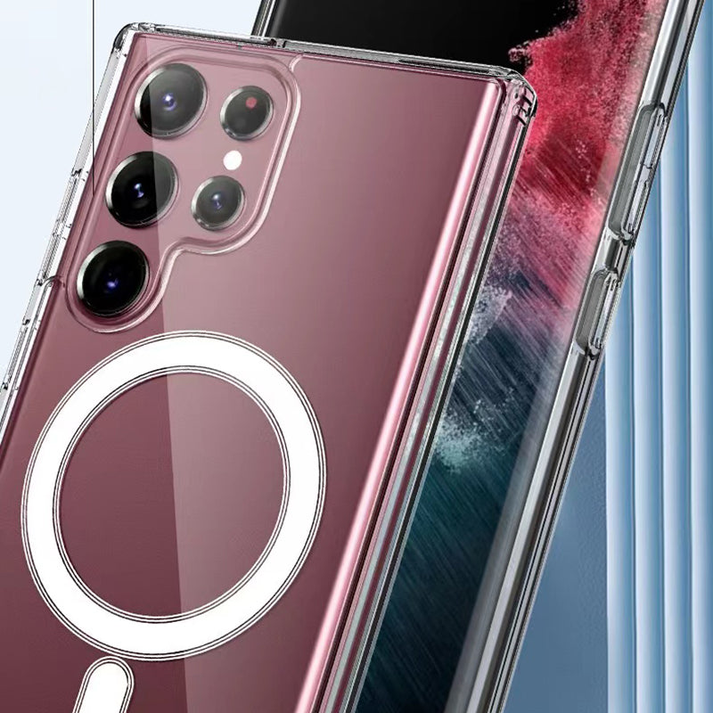 Galaxy S22 Ultra Kılıf Zore M-safe Şarj Özellikli Şeffaf Sert PC Zore Embos Kapak Renksiz