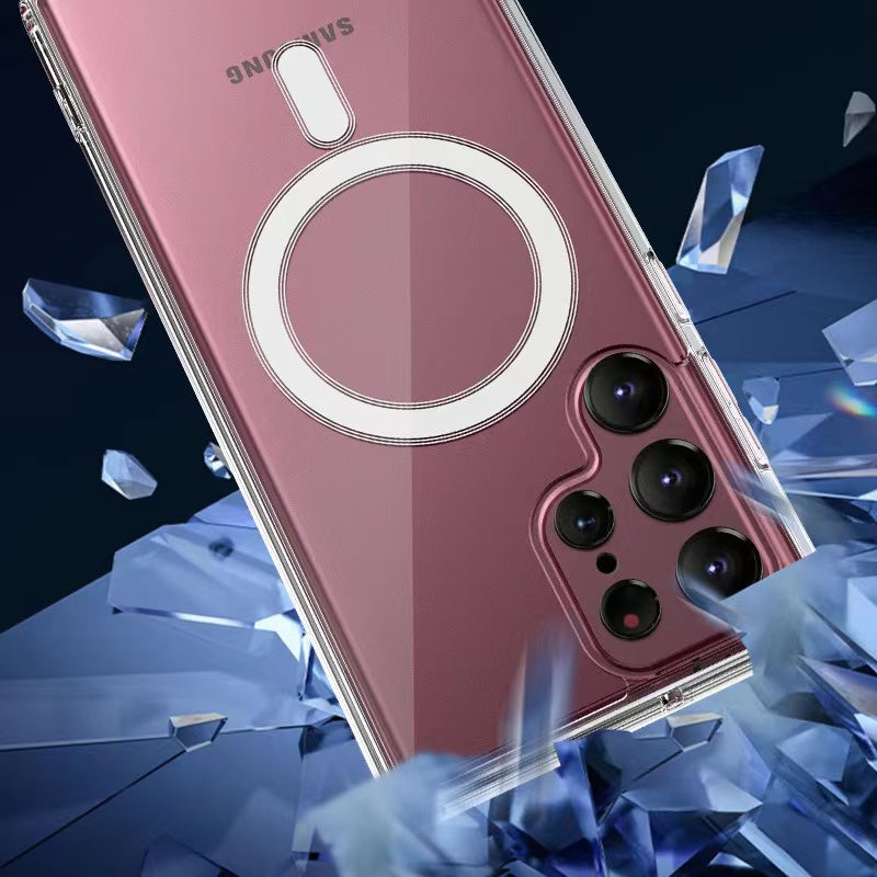 Galaxy S22 Ultra Kılıf Zore M-safe Şarj Özellikli Şeffaf Sert PC Zore Embos Kapak Renksiz