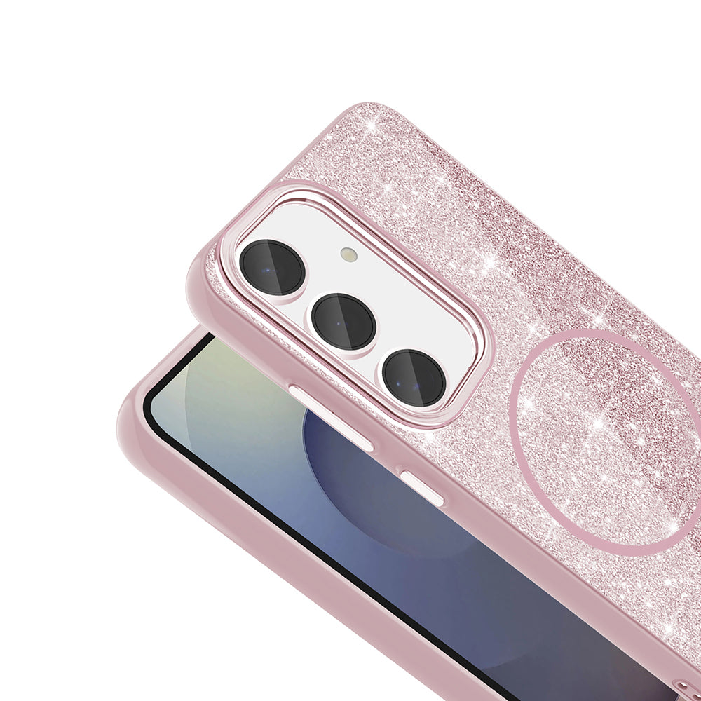Galaxy S23 FE Kılıf M-safe Şarj Özellikli Parlayan Simli Zore Okso Kapak Pembe