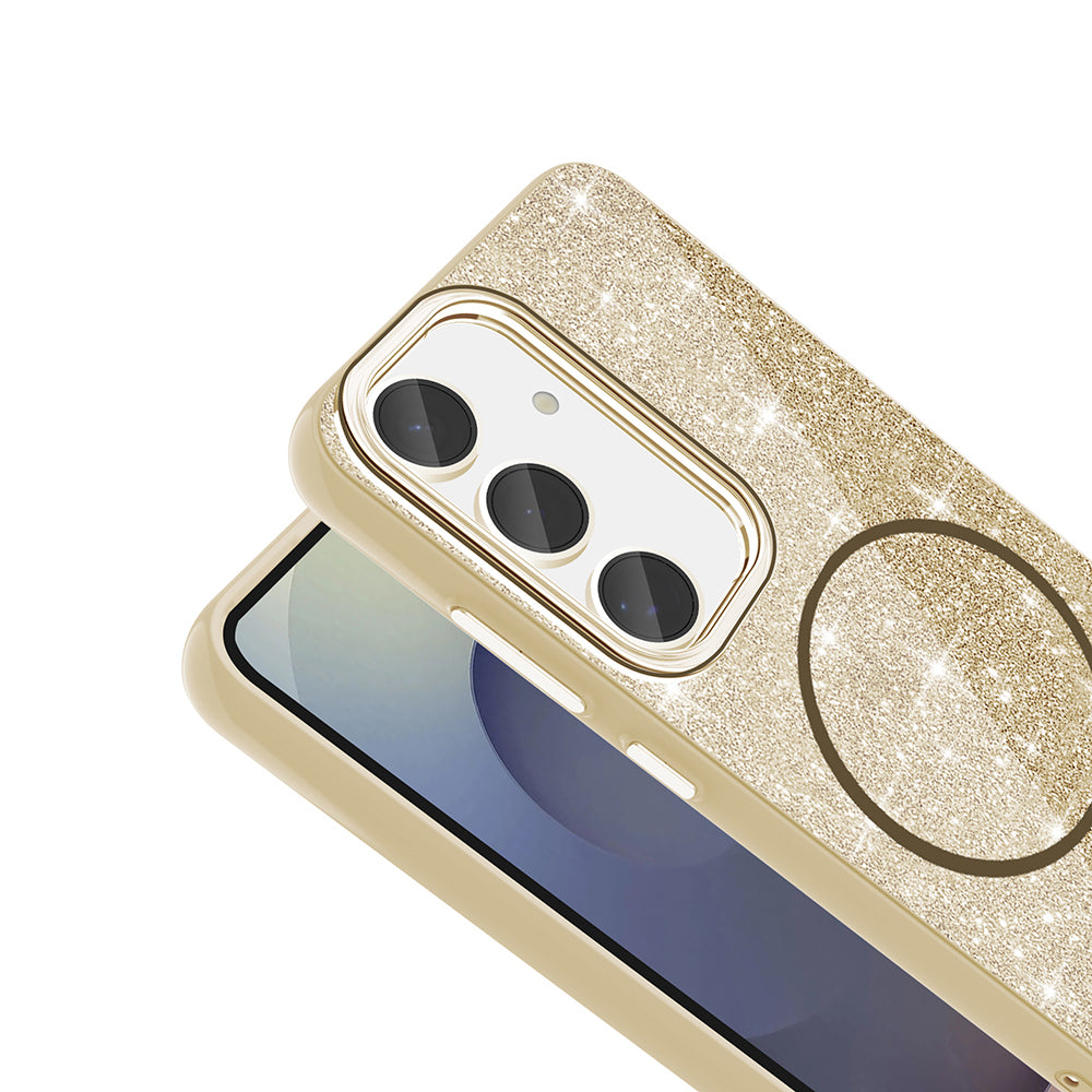 Galaxy S23 FE Kılıf M-safe Şarj Özellikli Parlayan Simli Zore Okso Kapak Gold