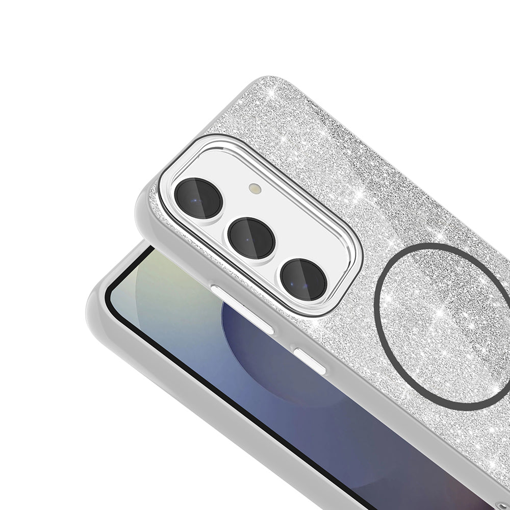 Galaxy S23 FE Kılıf M-safe Şarj Özellikli Parlayan Simli Zore Okso Kapak Beyaz