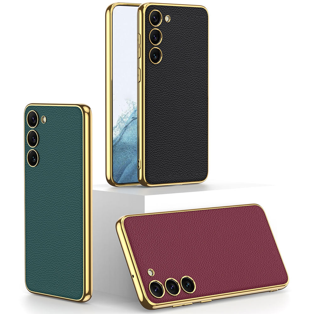 Galaxy S23 Kılıf Deri Görünümlü Kenarları Elektroplating Kaplama Zore Fizyon Kapak Koyu Yeşil