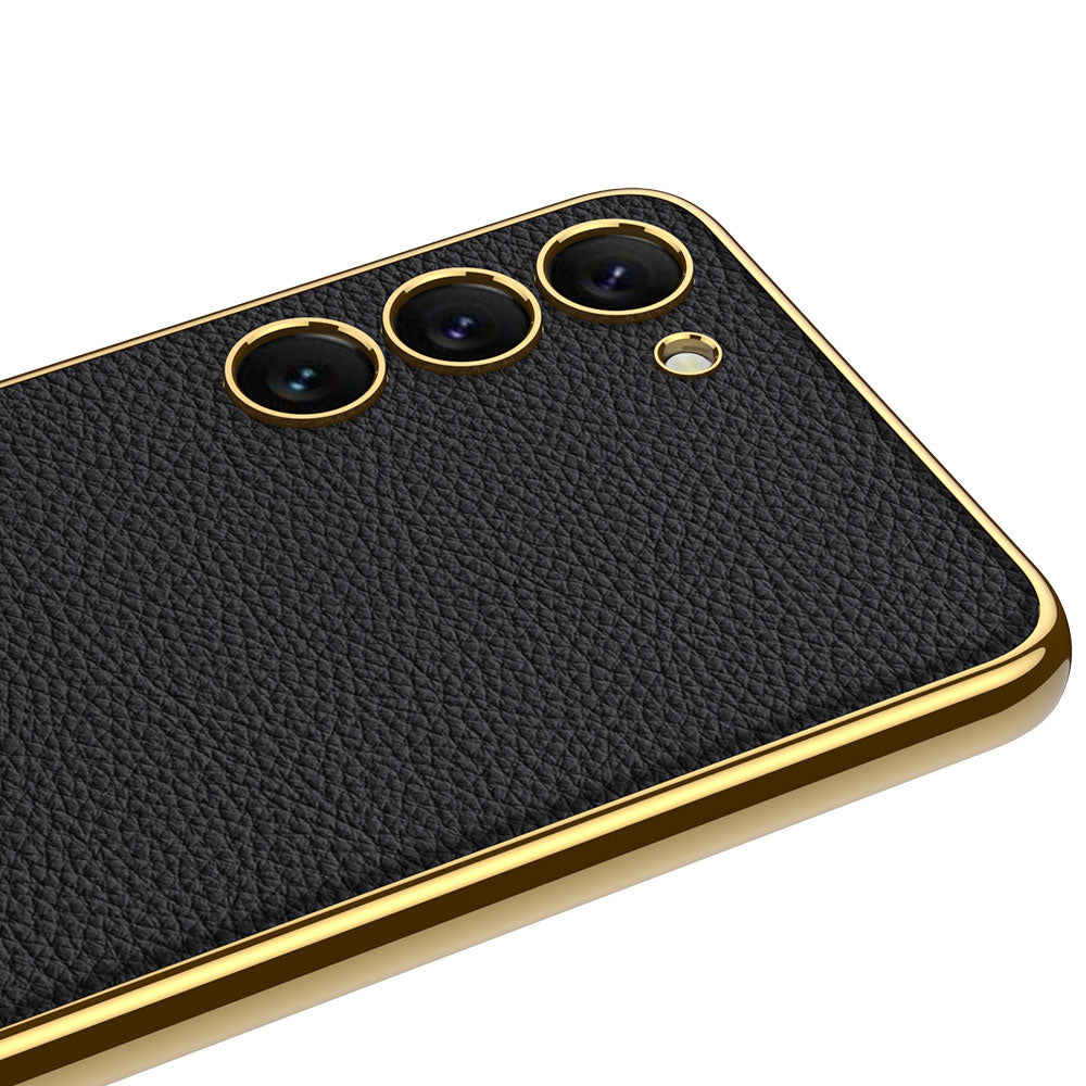Galaxy S23 Kılıf Deri Görünümlü Kenarları Elektroplating Kaplama Zore Fizyon Kapak Koyu Yeşil