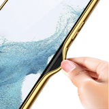 Galaxy S23 Kılıf Deri Görünümlü Kenarları Elektroplating Kaplama Zore Fizyon Kapak Pembe