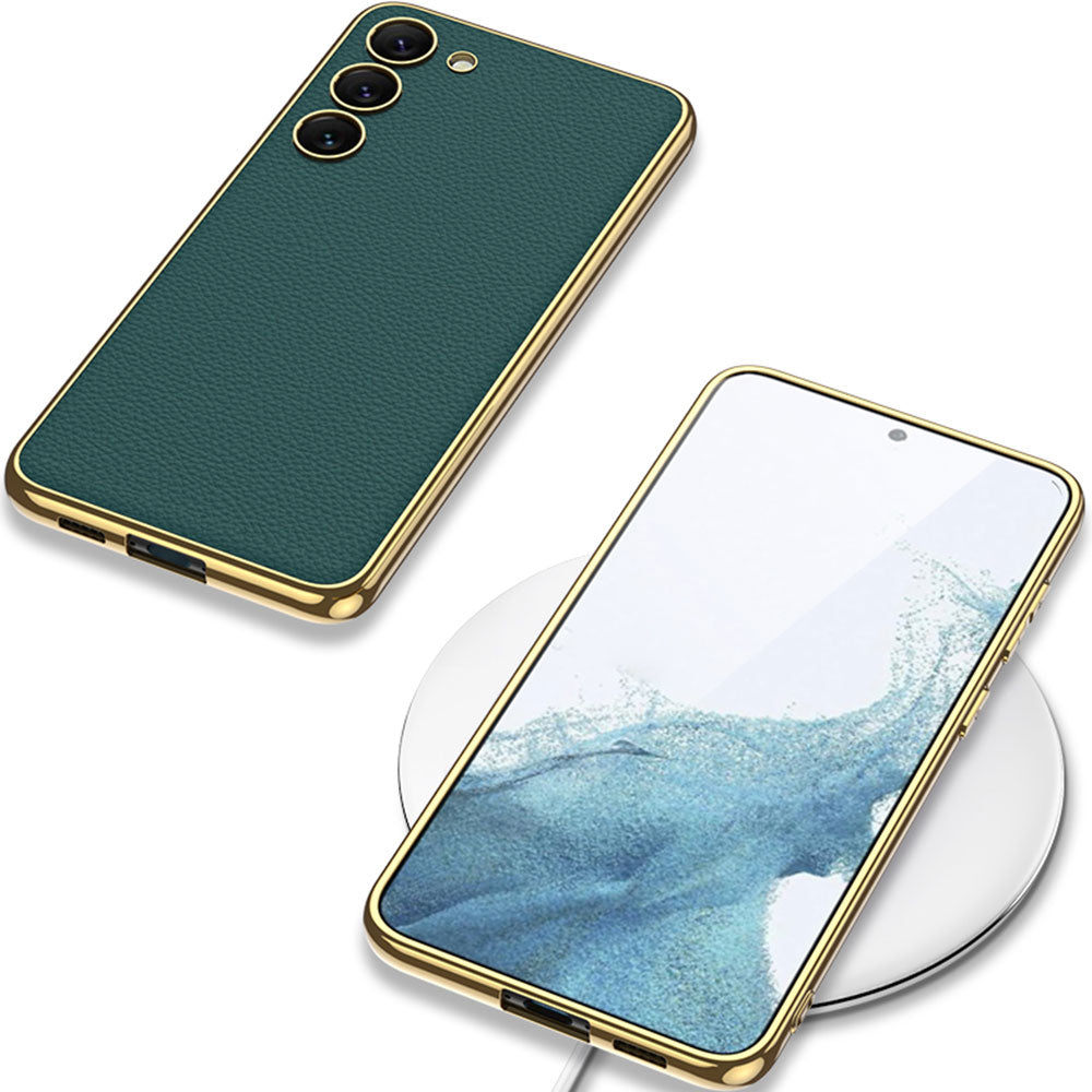 Galaxy S23 Kılıf Deri Görünümlü Kenarları Elektroplating Kaplama Zore Fizyon Kapak Kırmızı