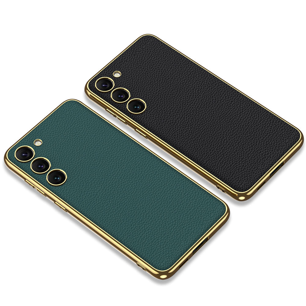 Galaxy S23 Kılıf Deri Görünümlü Kenarları Elektroplating Kaplama Zore Fizyon Kapak Pembe