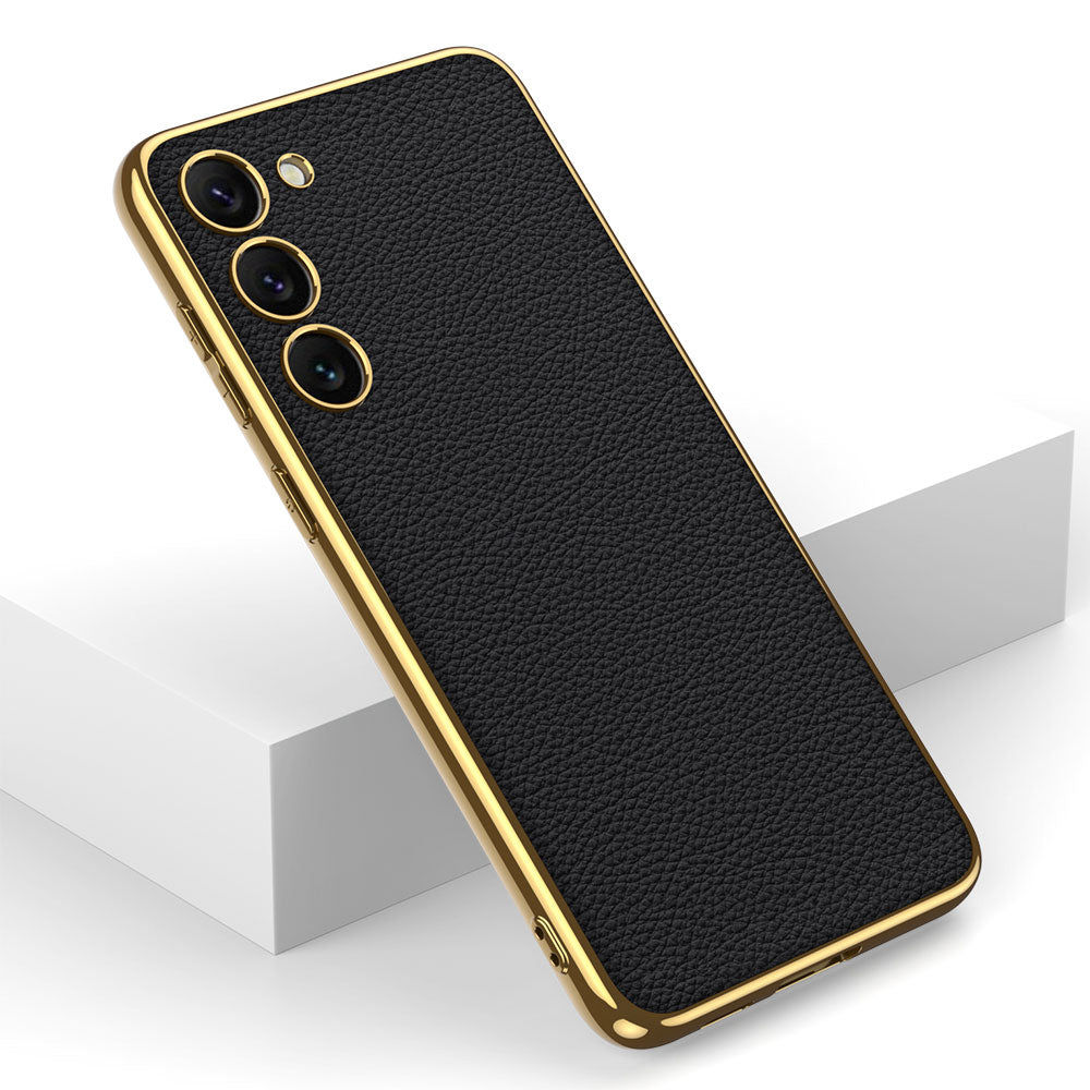 Galaxy S23 Kılıf Deri Görünümlü Kenarları Elektroplating Kaplama Zore Fizyon Kapak Koyu Yeşil