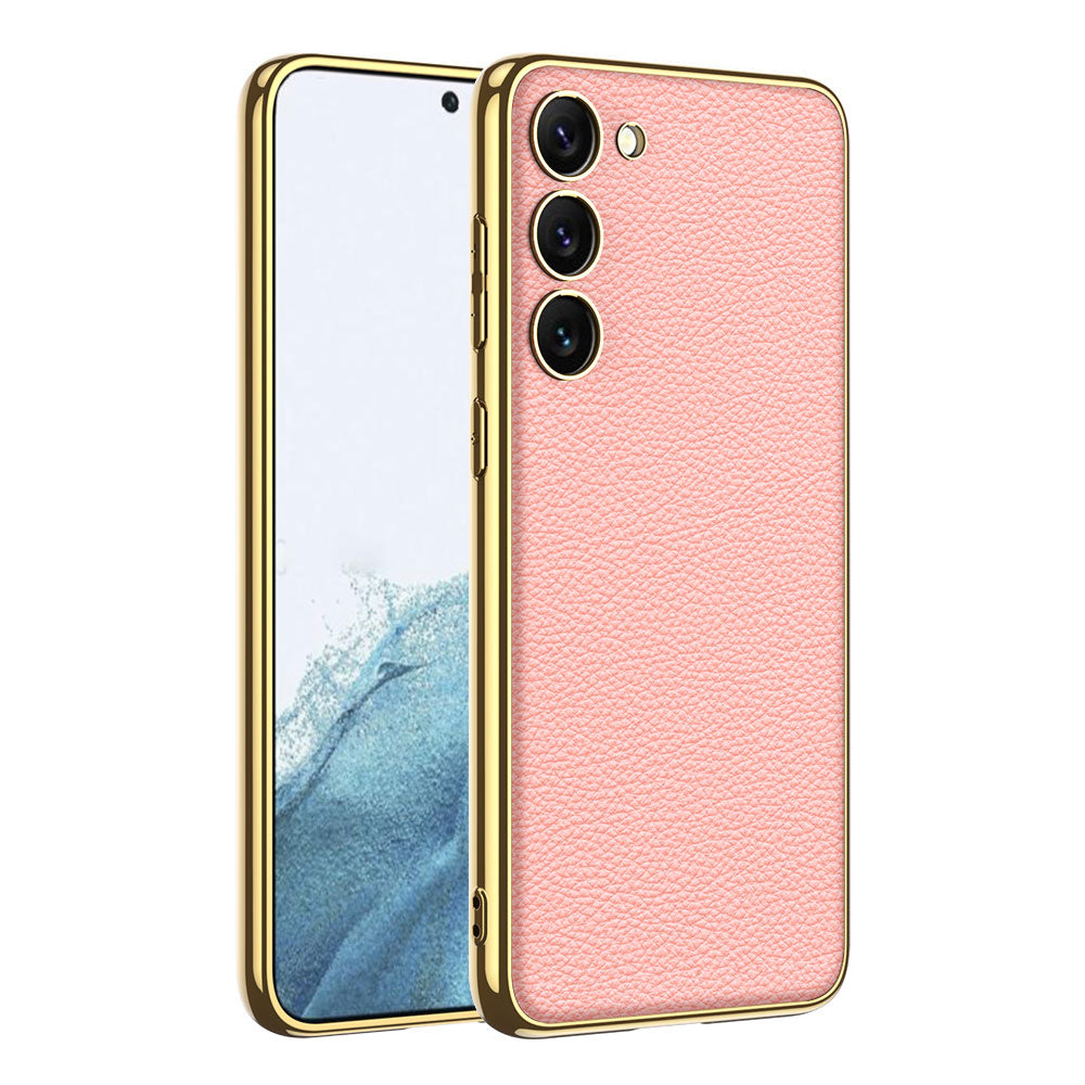 Galaxy S23 Kılıf Deri Görünümlü Kenarları Elektroplating Kaplama Zore Fizyon Kapak Pembe