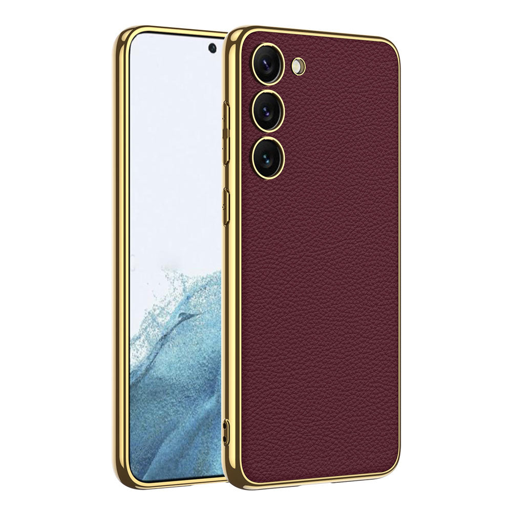 Galaxy S23 Kılıf Deri Görünümlü Kenarları Elektroplating Kaplama Zore Fizyon Kapak Kırmızı