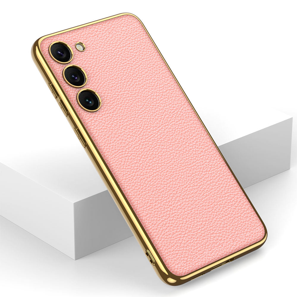 Galaxy S23 Plus Kılıf Deri Görünümlü Kenarları Elektroplating Kaplama Zore Fizyon Kapak Kırmızı
