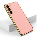 Galaxy S23 Plus Kılıf Deri Görünümlü Kenarları Elektroplating Kaplama Zore Fizyon Kapak Pembe
