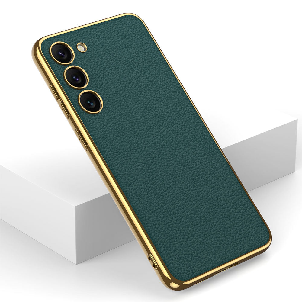 Galaxy S23 Plus Kılıf Deri Görünümlü Kenarları Elektroplating Kaplama Zore Fizyon Kapak Pembe