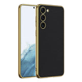 Galaxy S23 Plus Kılıf Deri Görünümlü Kenarları Elektroplating Kaplama Zore Fizyon Kapak Pembe