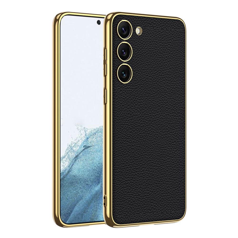 Galaxy S23 Plus Kılıf Deri Görünümlü Kenarları Elektroplating Kaplama Zore Fizyon Kapak Siyah
