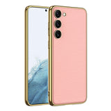 Galaxy S23 Plus Kılıf Deri Görünümlü Kenarları Elektroplating Kaplama Zore Fizyon Kapak Pembe