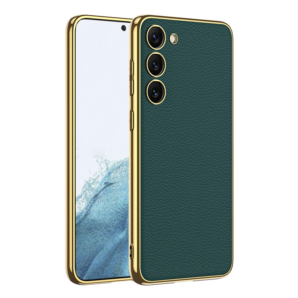 Galaxy S23 Plus Kılıf Deri Görünümlü Kenarları Elektroplating Kaplama Zore Fizyon Kapak Koyu Yeşil
