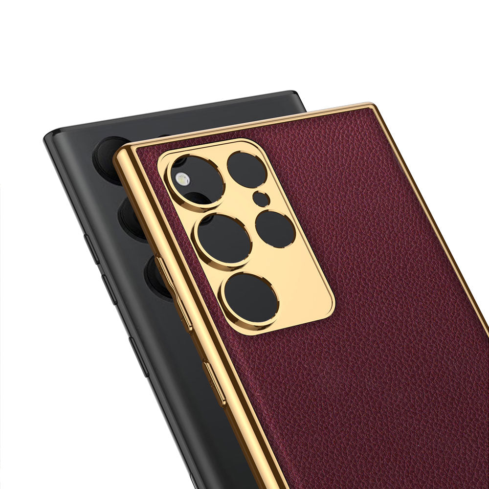 Galaxy S23 Ultra Kılıf Deri Görünümlü Kenarları Elektroplating Kaplama Zore Fizyon Kapak Siyah