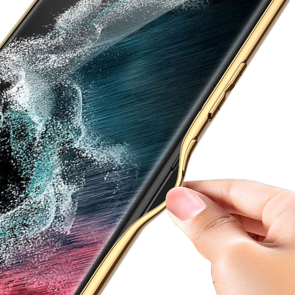 Galaxy S23 Ultra Kılıf Deri Görünümlü Kenarları Elektroplating Kaplama Zore Fizyon Kapak Koyu Yeşil