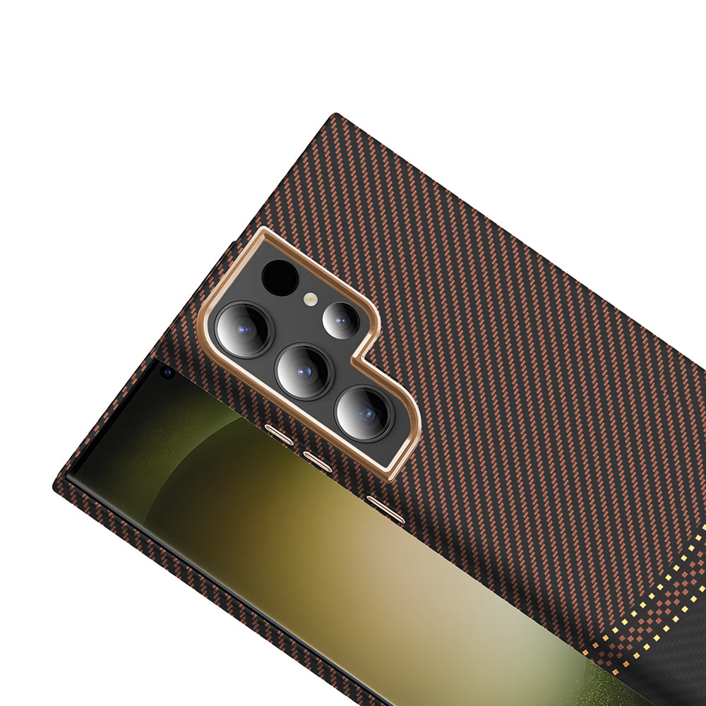 Galaxy S23 Ultra Kılıf M-safe Şarj Özellikli Karbon Fiber Görünümlü Zore Gros Kapak Desert Titanyum