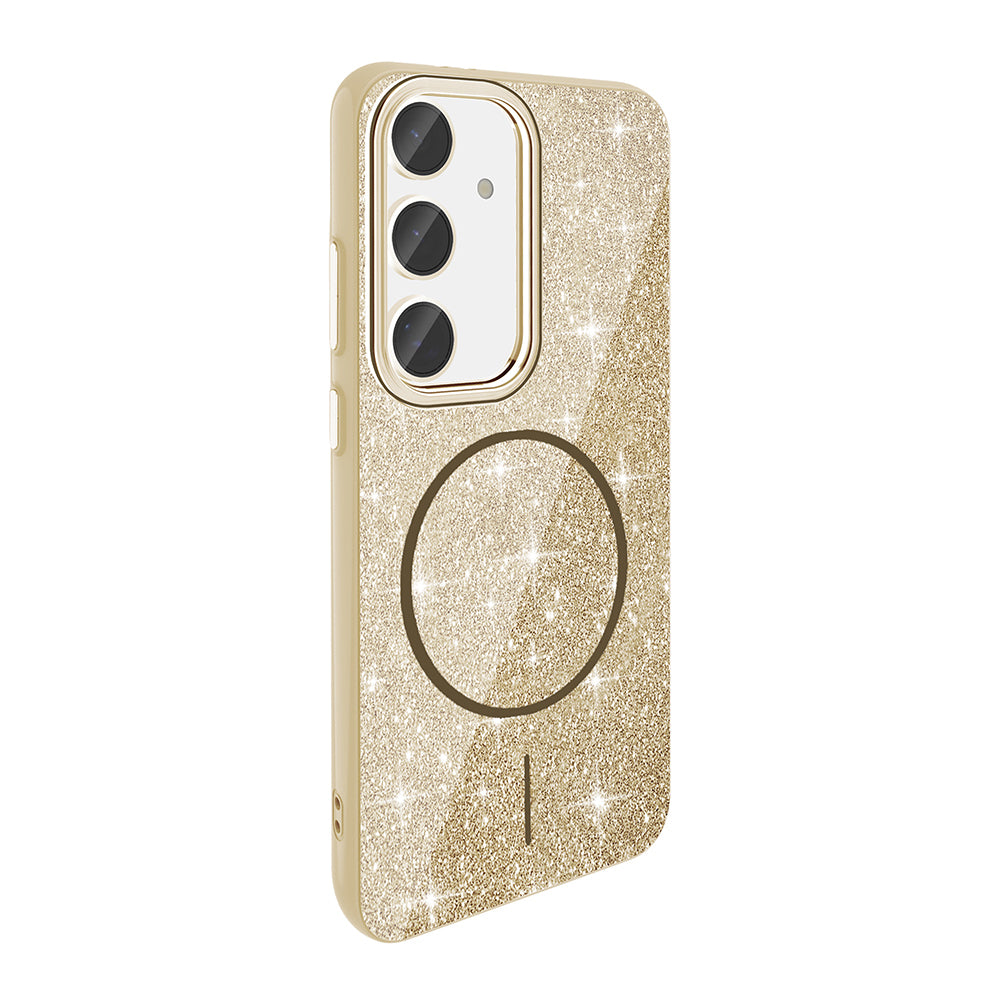 Galaxy S24 FE Kılıf M-safe Şarj Özellikli Parlayan Simli Zore Okso Kapak Gold