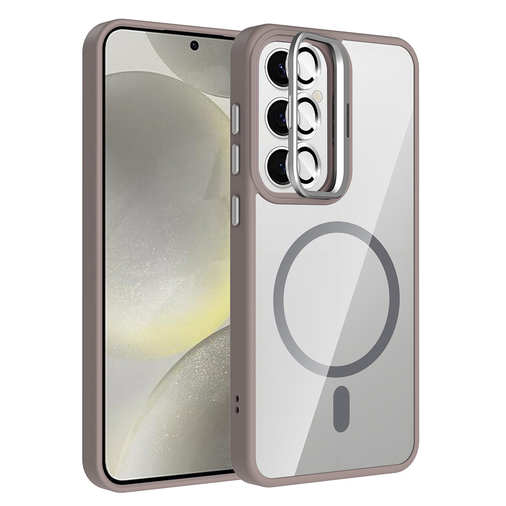 Galaxy S24 FE Kılıf Standlı ve Kamera Lens Hediyeli M-Safe Şarj Özellikli Zore Etro Kapak Gri