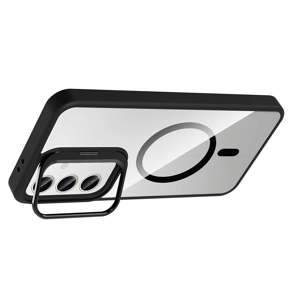 Galaxy S24 Kılıf Standlı ve Kamera Lens Hediyeli M-Safe Şarj Özellikli Zore Etro Kapak Siyah