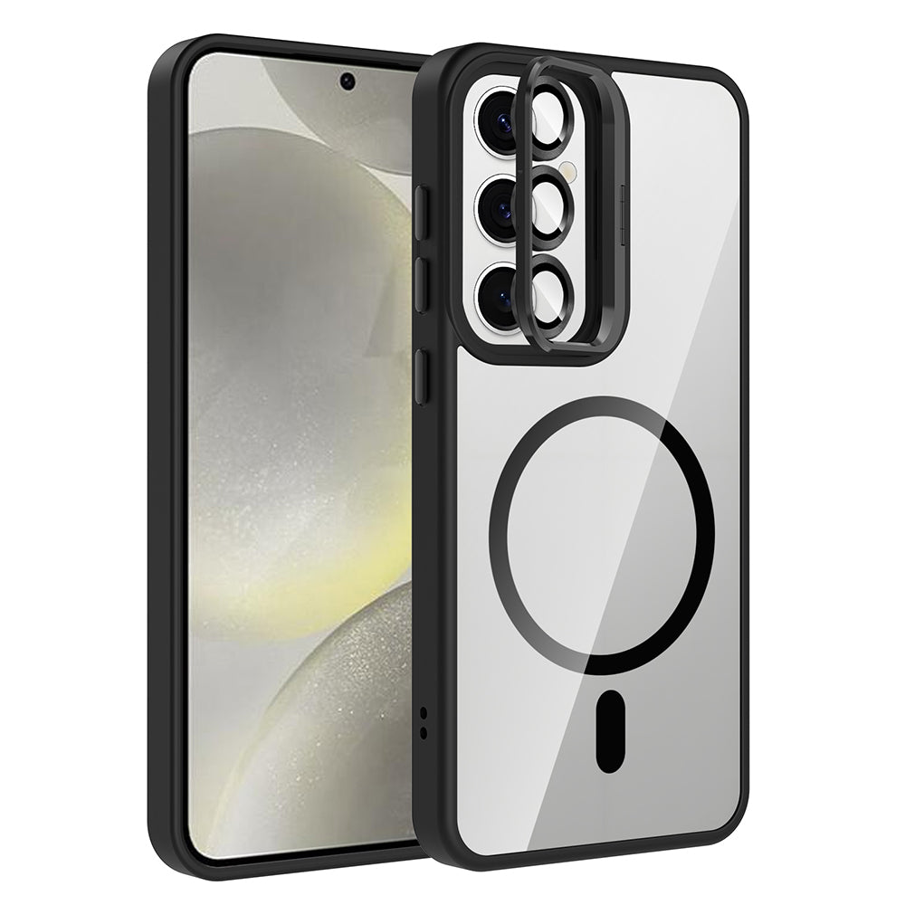 Galaxy S24 Kılıf Standlı ve Kamera Lens Hediyeli M-Safe Şarj Özellikli Zore Etro Kapak Siyah