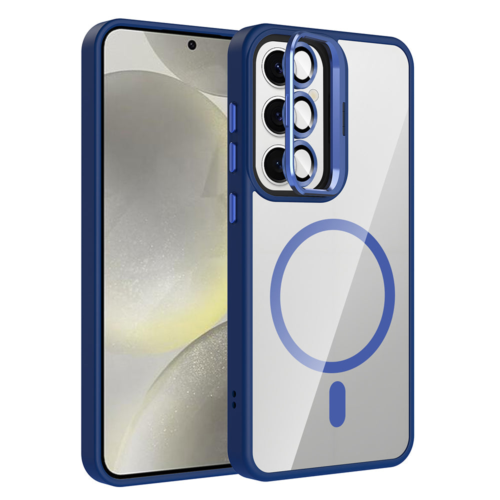 Galaxy S24 Kılıf Standlı ve Kamera Lens Hediyeli M-Safe Şarj Özellikli Zore Etro Kapak Lacivert