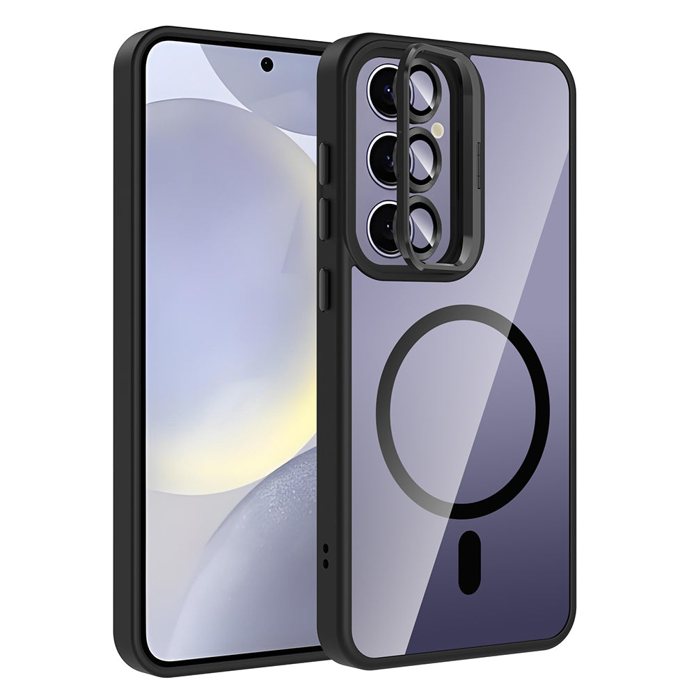 Galaxy S24 Plus Kılıf Standlı ve Kamera Lens Hediyeli M-Safe Şarj Özellikli Zore Etro Kapak Siyah