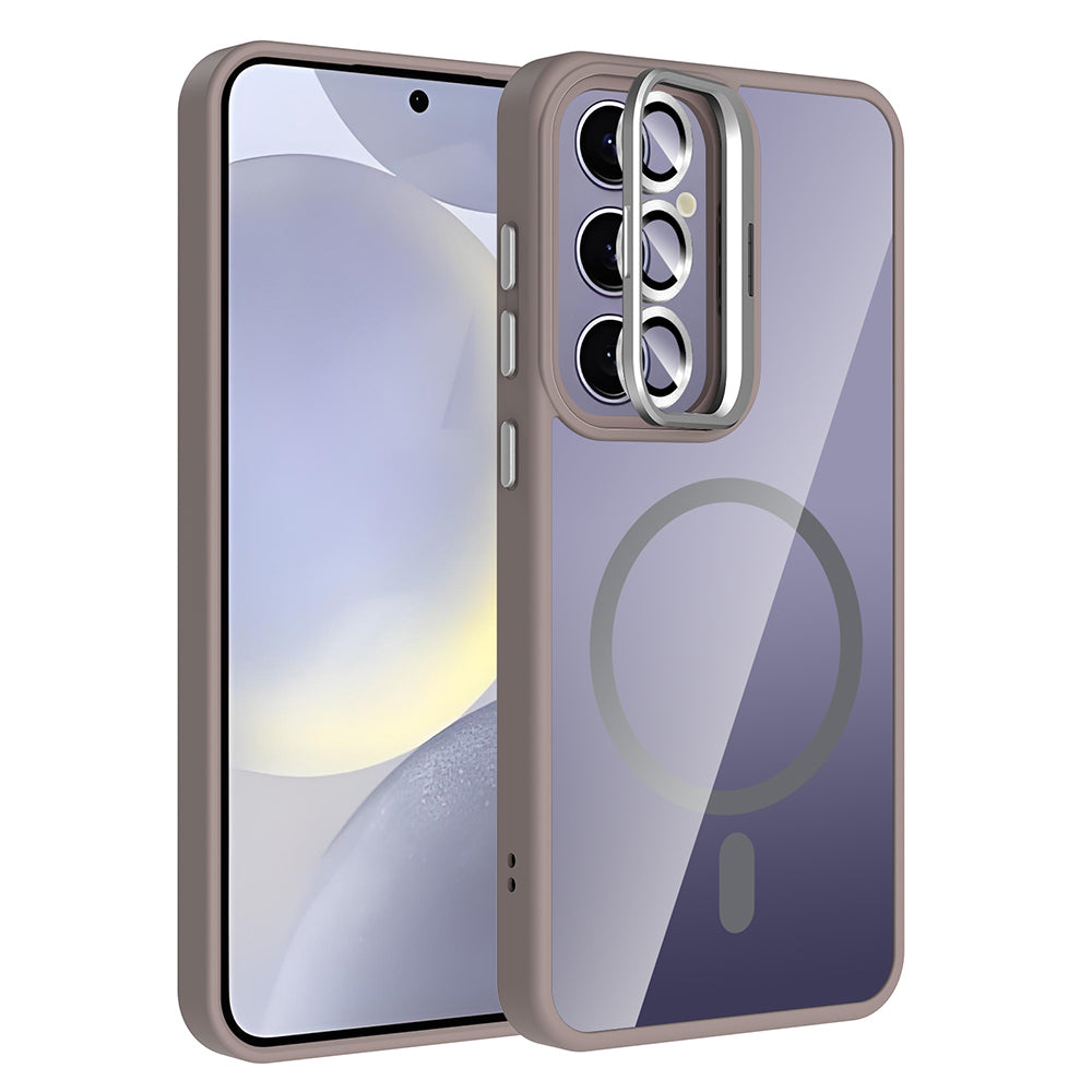 Galaxy S24 Plus Kılıf Standlı ve Kamera Lens Hediyeli M-Safe Şarj Özellikli Zore Etro Kapak Gri