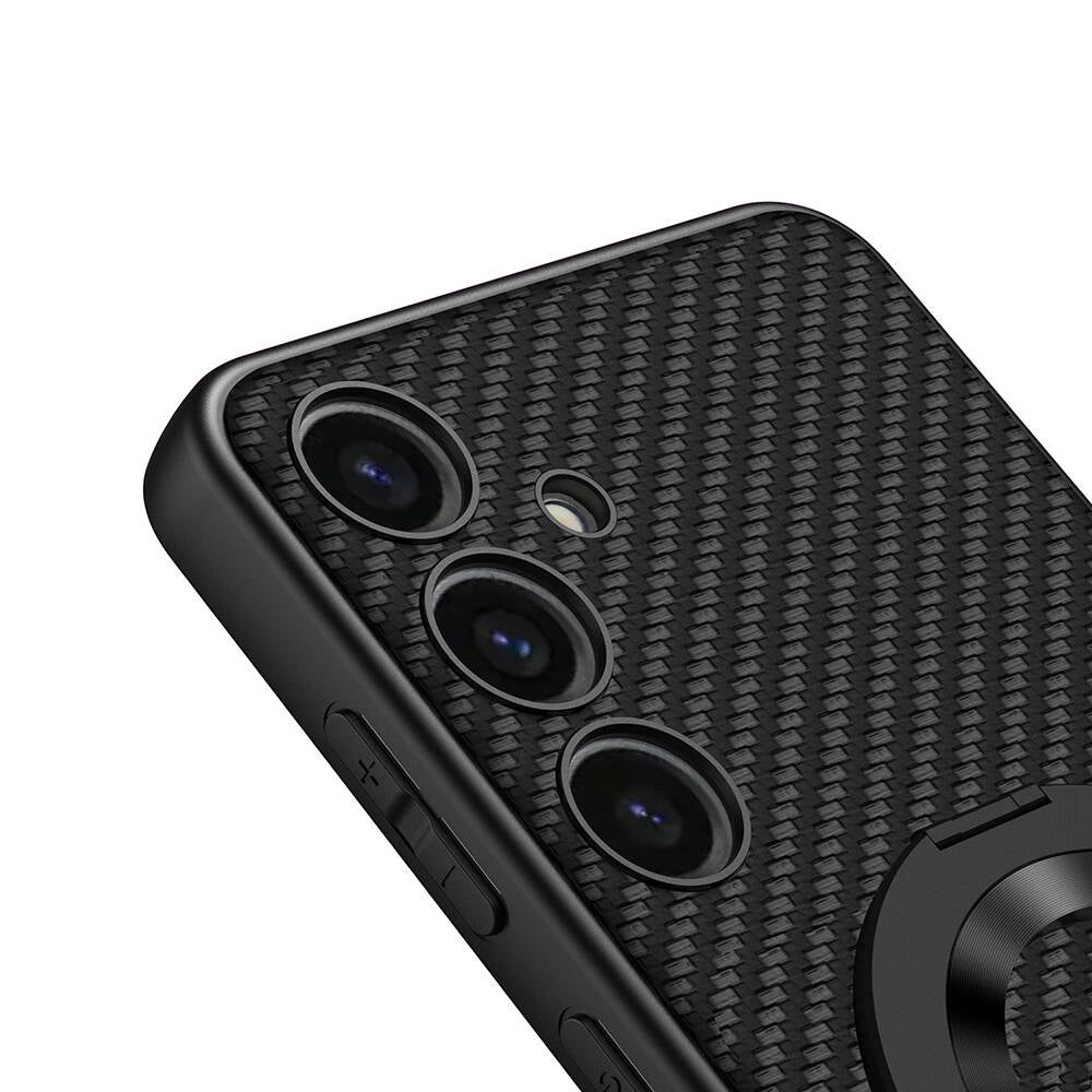 Galaxy S24 Plus Wireless Şarj Özellikli Zore Kıpta Standlı M-safe Silikon Kapak Siyah Karbon