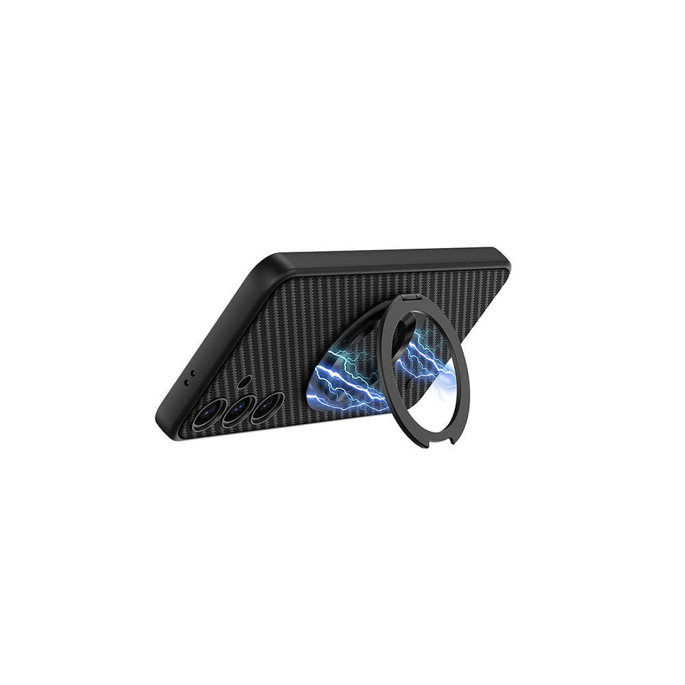 Galaxy S24 Plus Wireless Şarj Özellikli Zore Kıpta Standlı M-safe Silikon Kapak Siyah Karbon