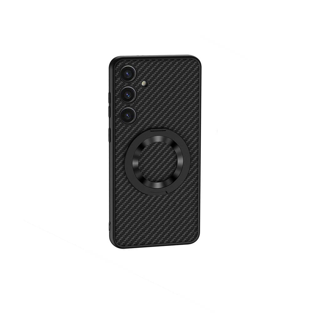 Galaxy S24 Plus Wireless Şarj Özellikli Zore Kıpta Standlı M-safe Silikon Kapak Siyah Karbon