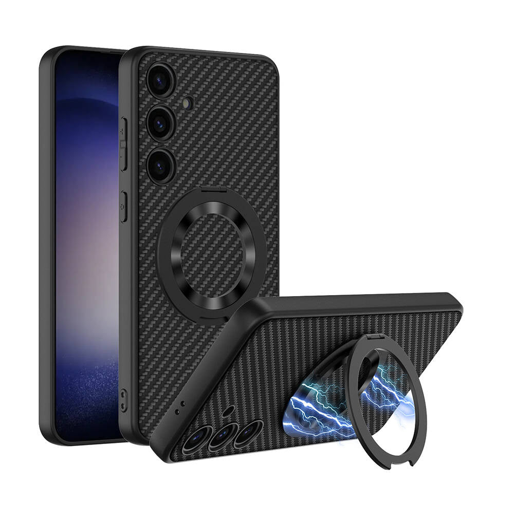Galaxy S24 Plus Wireless Şarj Özellikli Zore Kıpta Standlı M-safe Silikon Kapak Siyah Karbon
