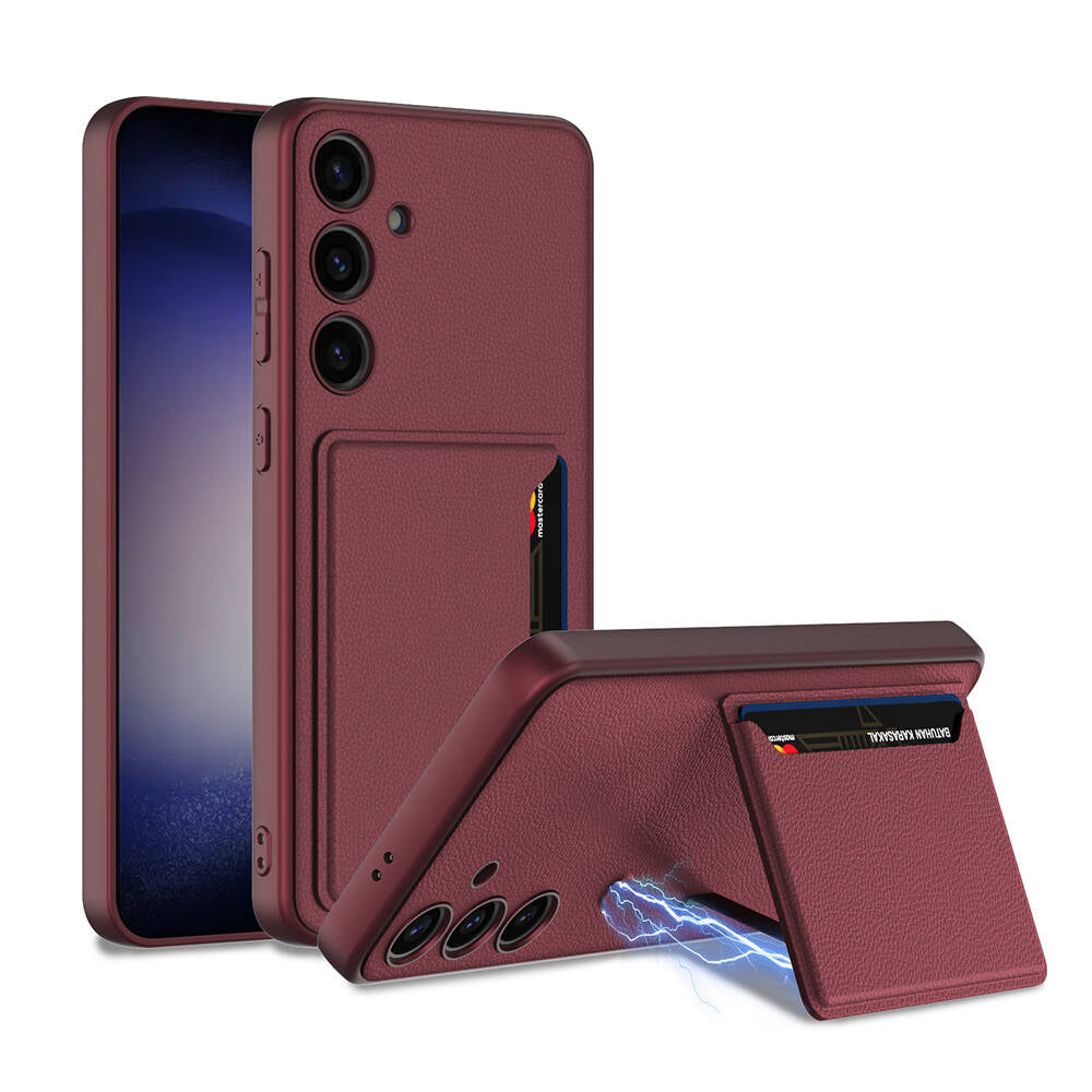 Galaxy S24 Suni Deri Arka Yüzey Zore Kartlıklı Kıpta Silikon Kapak Mürdüm