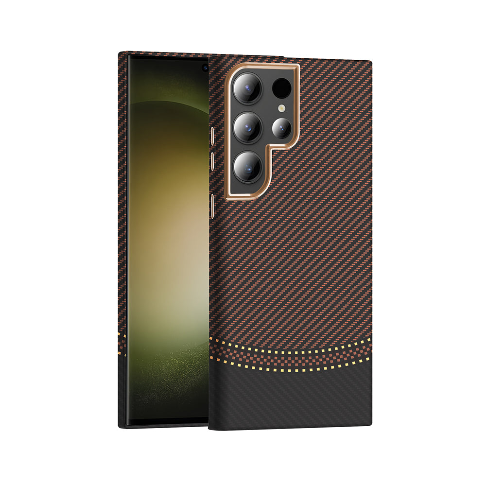 Galaxy S24 Ultra Kılıf M-safe Şarj Özellikli Karbon Fiber Görünümlü Zore Gros Kapak Gold-Siyah