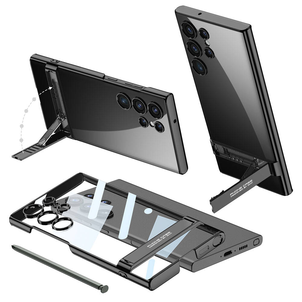 Galaxy S24 Ultra Kılıf Zore Kamera Korumalı Şeffaf Dikey Standlı Ays Kapak Siyah