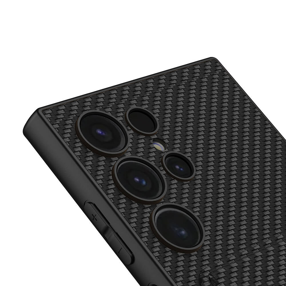 Galaxy S24 Ultra Suni Deri Arka Yüzey Zore Kartlıklı Kıpta Silikon Kapak Siyah Karbon
