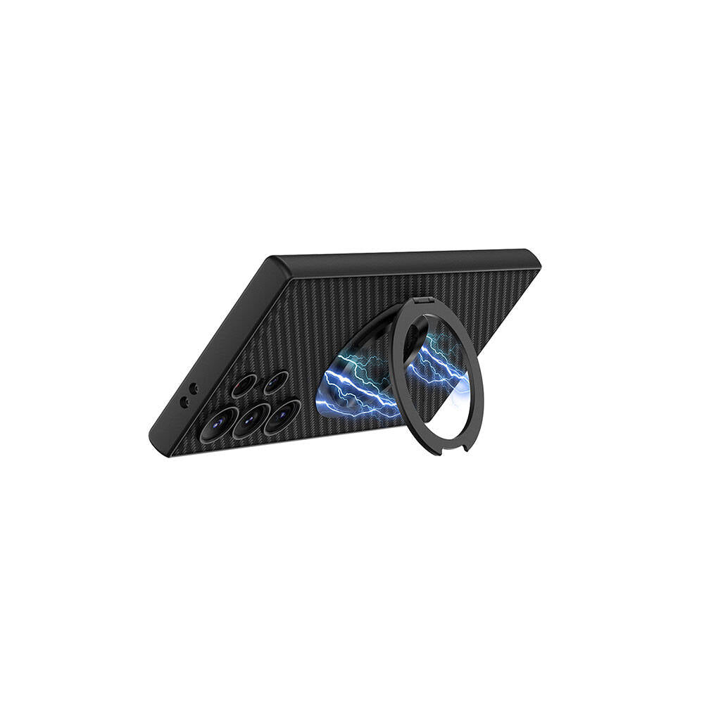 Galaxy S24 Ultra Wireless Şarj Özellikli Zore Kıpta Standlı M-safe Silikon Kapak Siyah Karbon