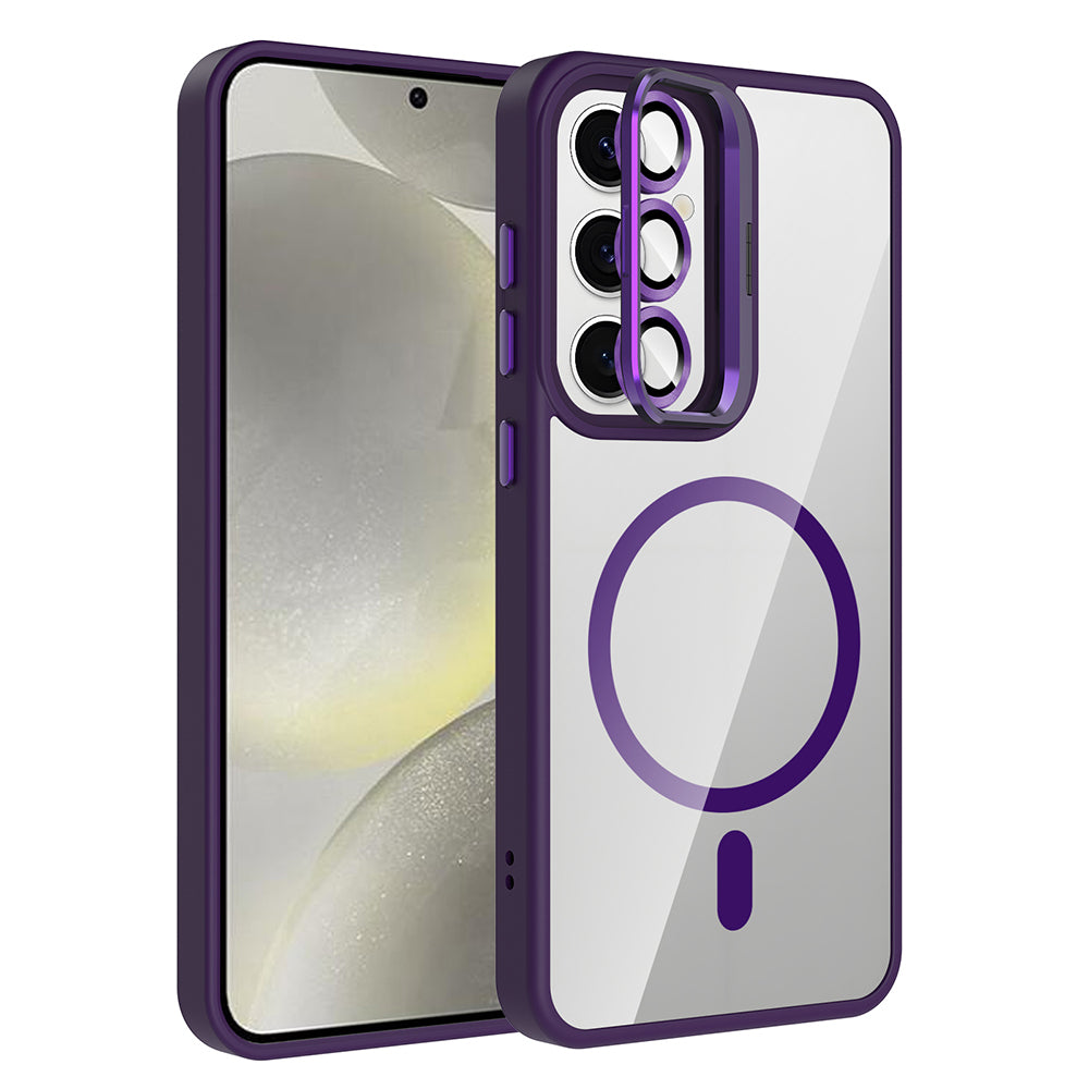 Galaxy S25 FE Kılıf Standlı ve Kamera Lens Hediyeli M-Safe Şarj Özellikli Zore Etro Kapak Derin Mor