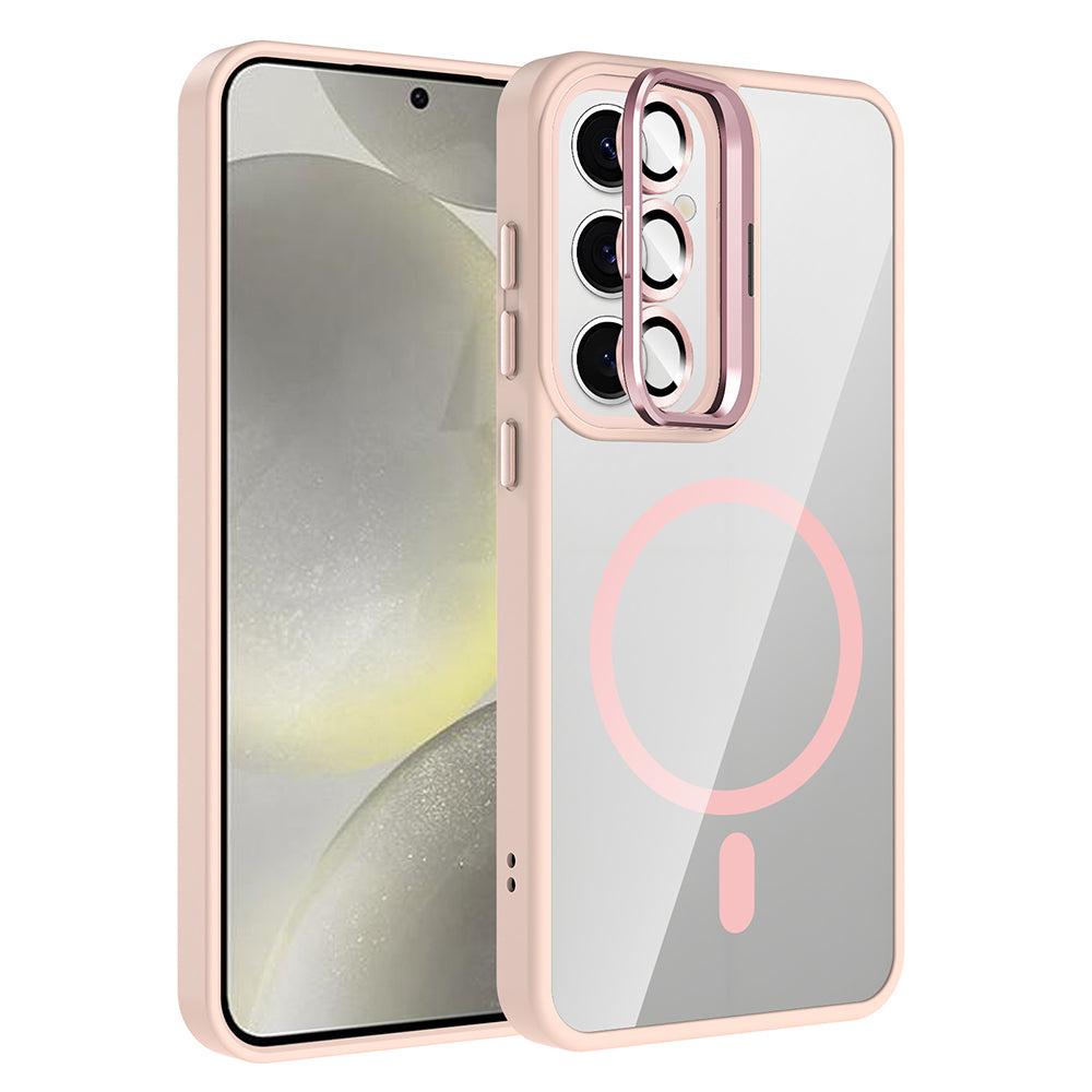 Galaxy S25 FE Kılıf Standlı ve Kamera Lens Hediyeli M-Safe Şarj Özellikli Zore Etro Kapak Pembe
