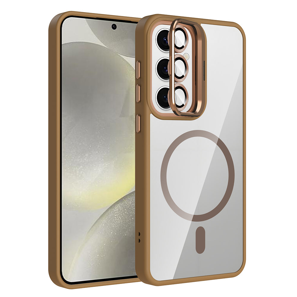 Galaxy S25 FE Kılıf Standlı ve Kamera Lens Hediyeli M-Safe Şarj Özellikli Zore Etro Kapak Desert Titanyum