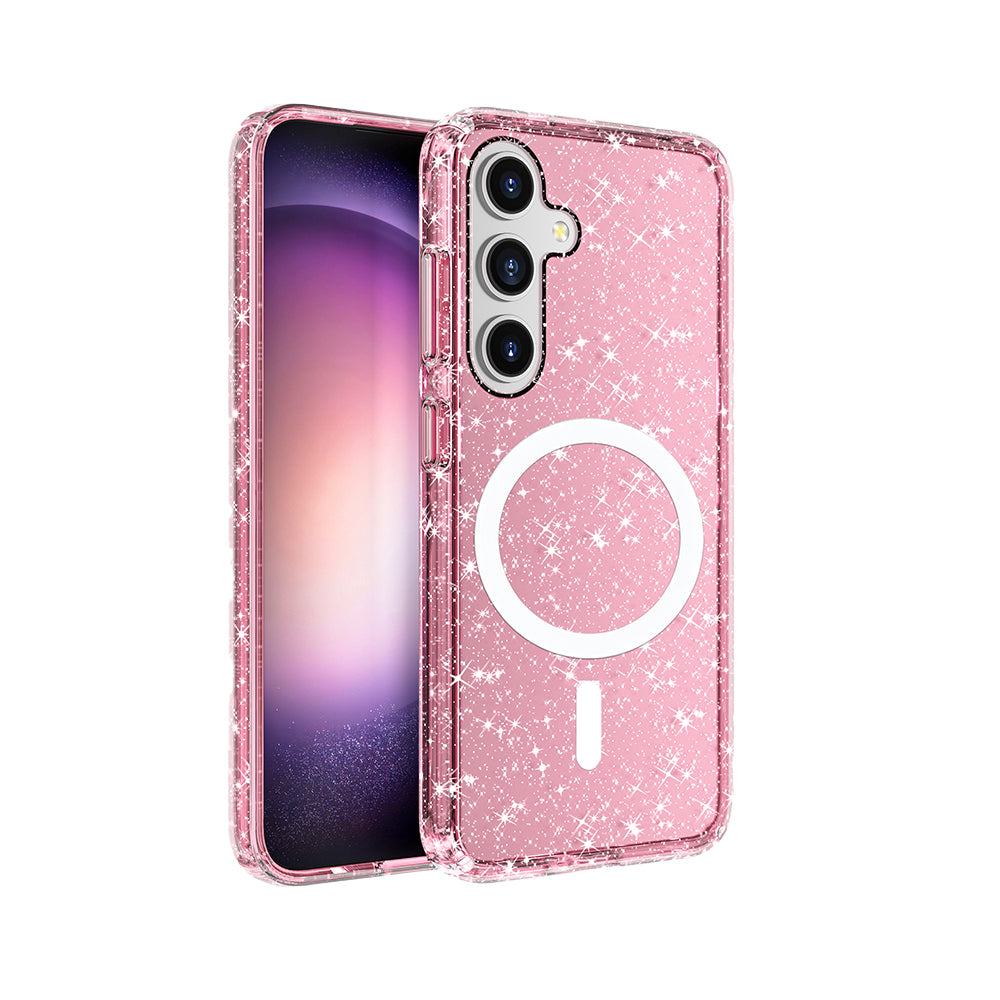 Galaxy S25 Kılıf M-safe Şarj Özellikli Parlayan Simli Saydam Renkli Zore Allstar Kapak Pembe