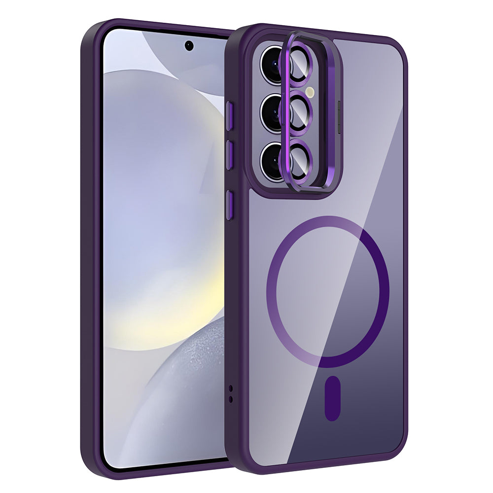 Galaxy S25 Plus Kılıf Standlı ve Kamera Lens Hediyeli M-Safe Şarj Özellikli Zore Etro Kapak Derin Mor