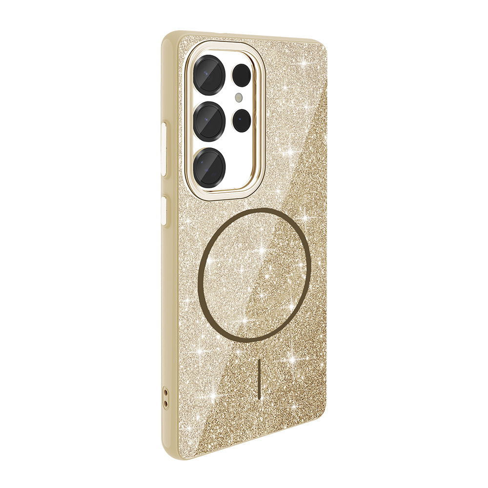 Galaxy S25 Ultra Kılıf M-safe Şarj Özellikli Parlayan Simli Zore Okso Kapak Gold