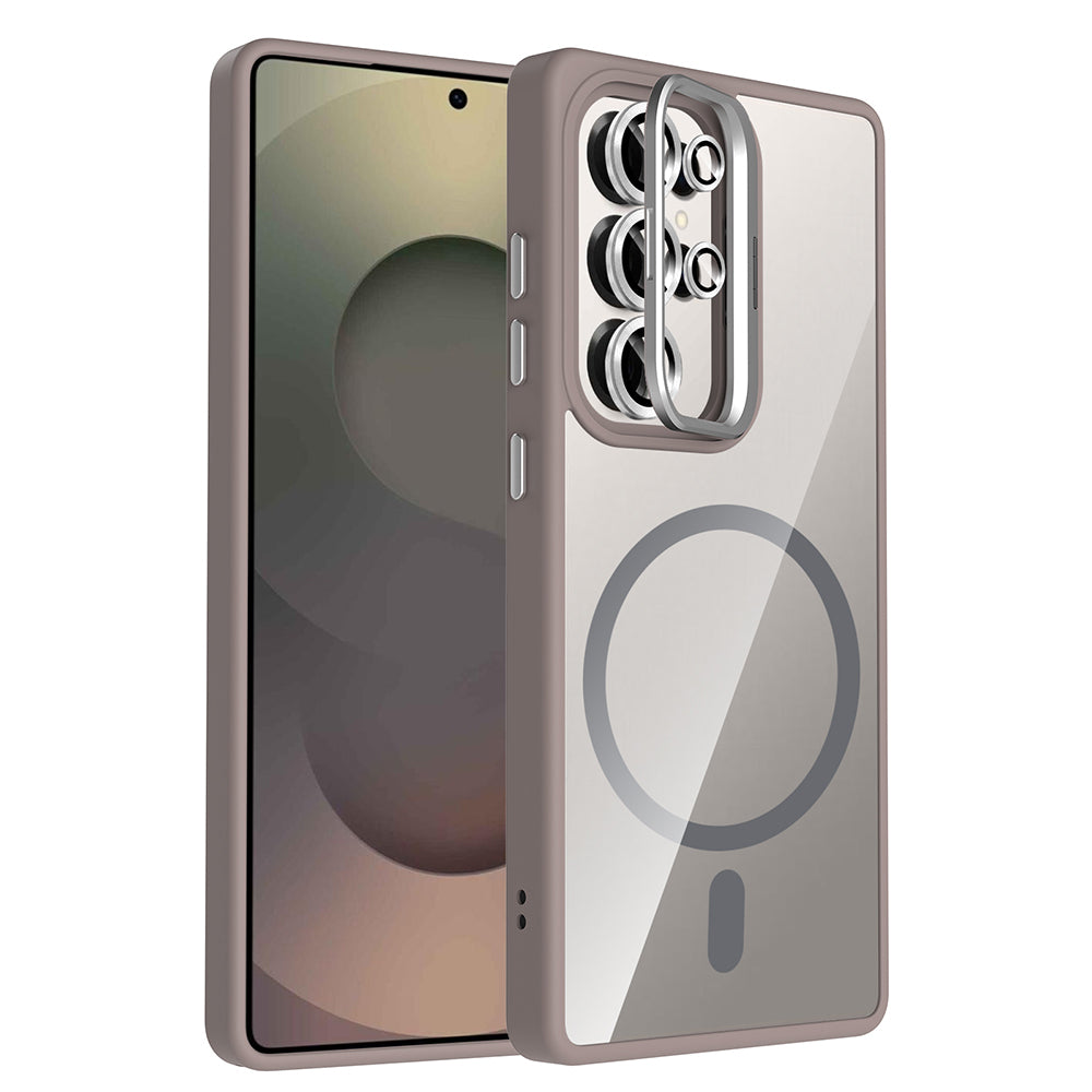 Galaxy S25 Ultra Kılıf Standlı ve Kamera Lens Hediyeli M-Safe Şarj Özellikli Zore Etro Kapak Lacivert