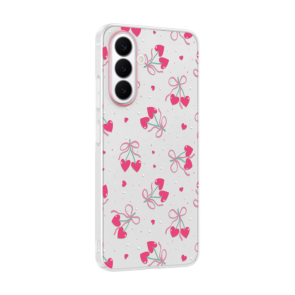 Galaxy S26 Kılıf Kamera Korumalı Desenli Zore Klip Kapak Kalpli Kiraz