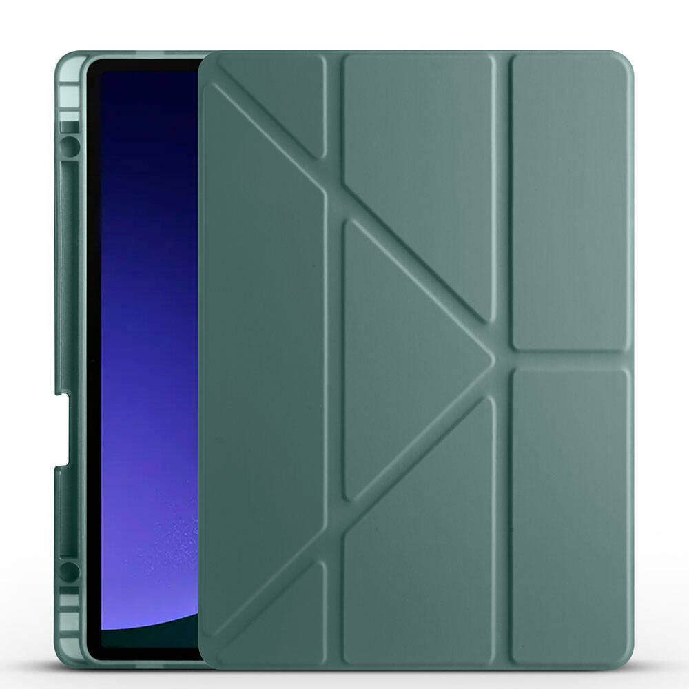 Galaxy Tab S10 FE Kılıf Zore Tri Folding Kalem Bölmeli Standlı Kılıf Koyu Yeşil