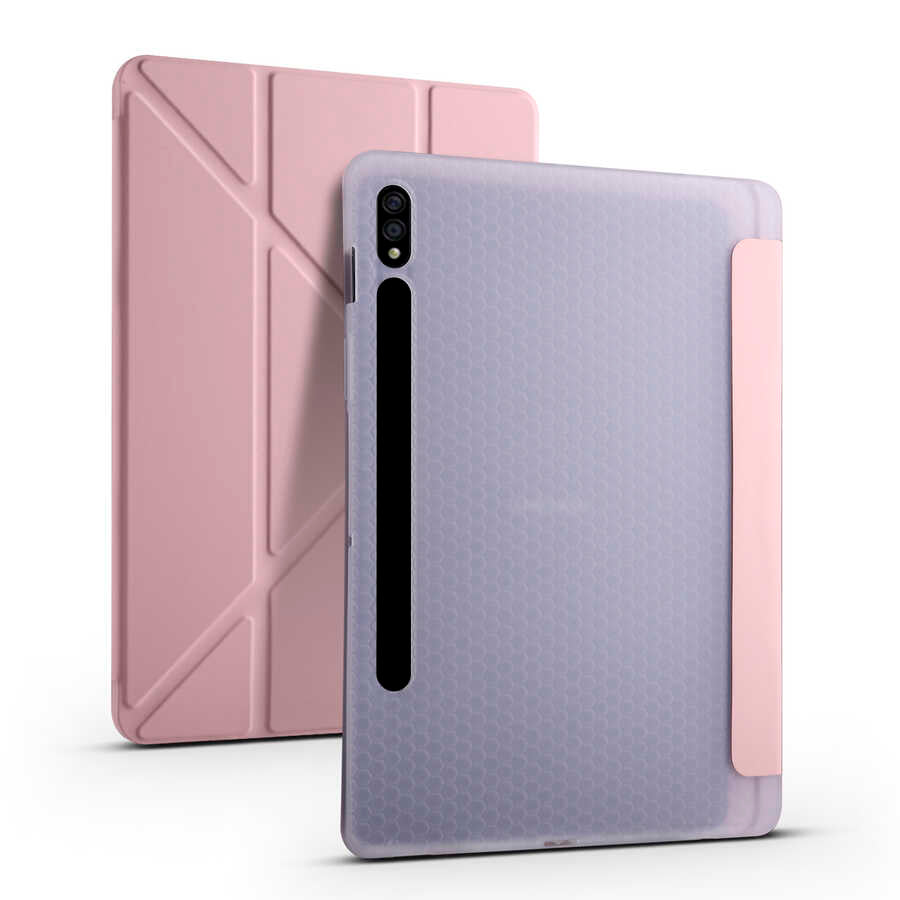 Galaxy Tab S7 Plus T970 Kılıf Zore Tri Folding Kalem Bölmeli Standlı Kılıf Rose Gold